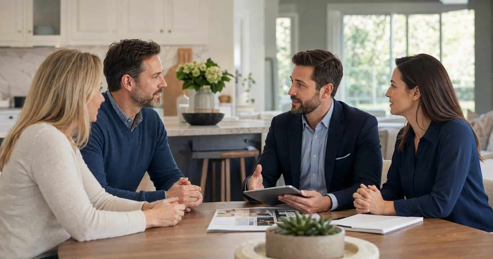 Homeowners interviewing two real estate agents at a kitchen table