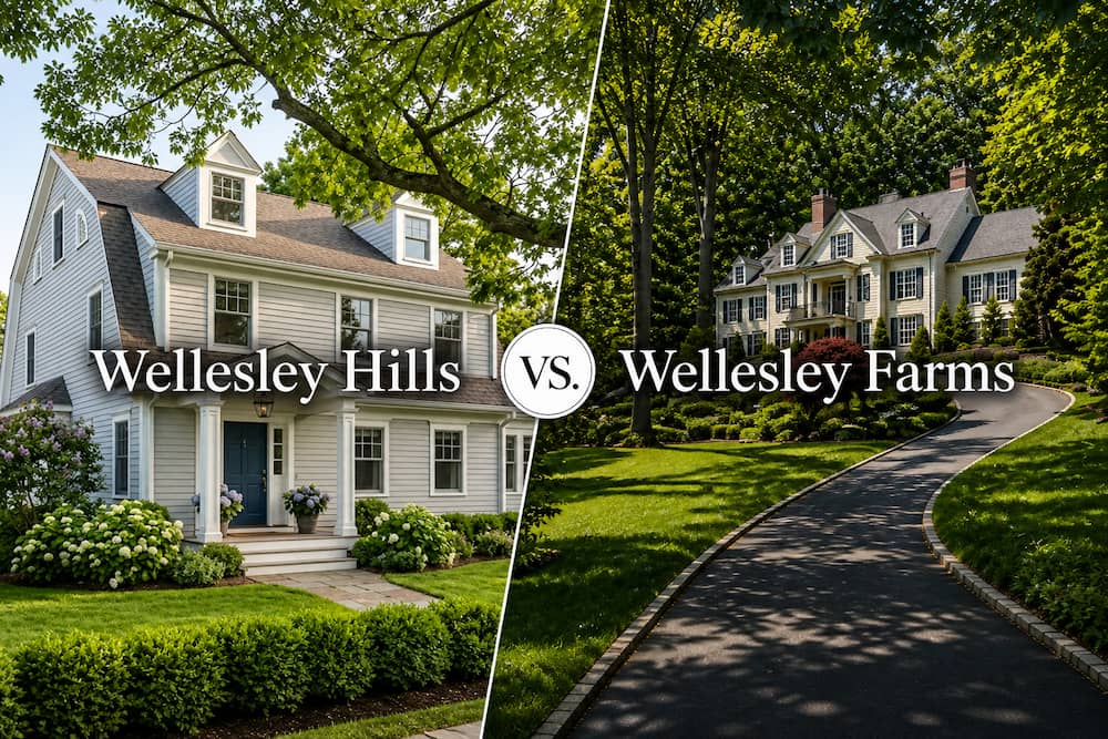 Wellesley Hills vs Wellesley Farms comparison image showing village-centered streetscape and wooded residential setting