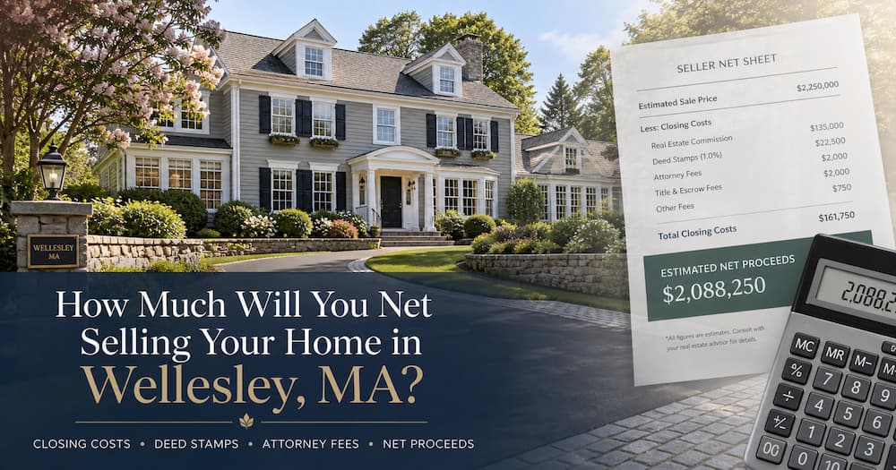 Seller net proceeds estimate for a Wellesley MA home sale, including closing costs, deed stamps, attorney fees, and estimated net proceeds.