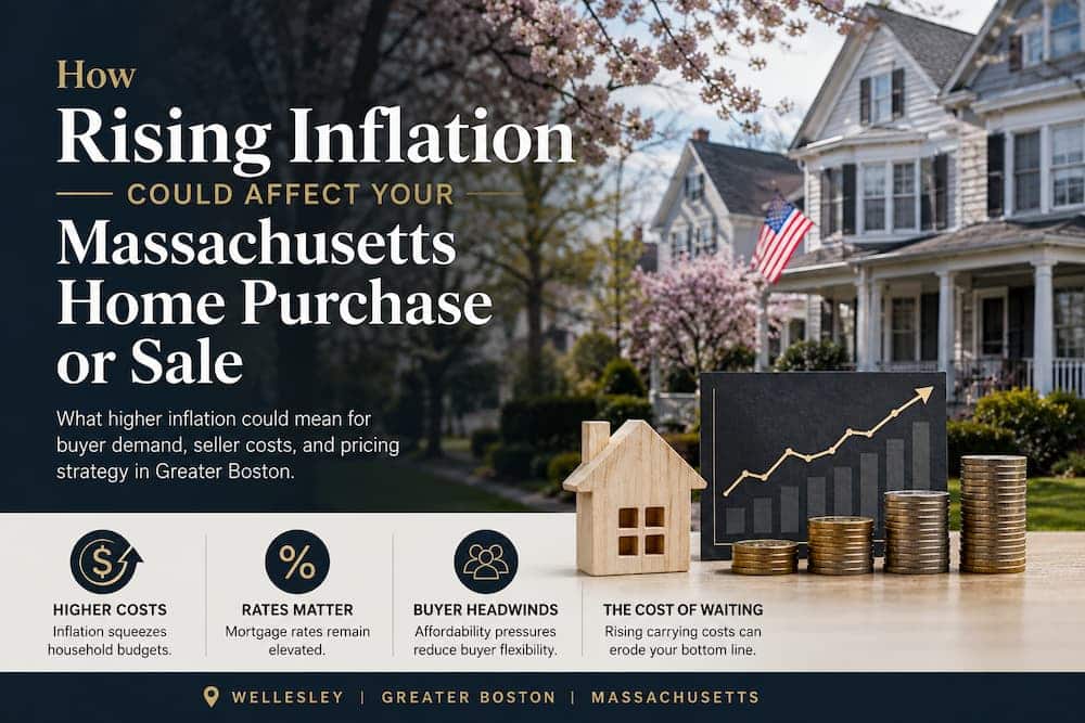 Infographic graphic explaining how rising inflation, mortgage rates, and carrying costs affect the Greater Boston Real Estate market outlook.