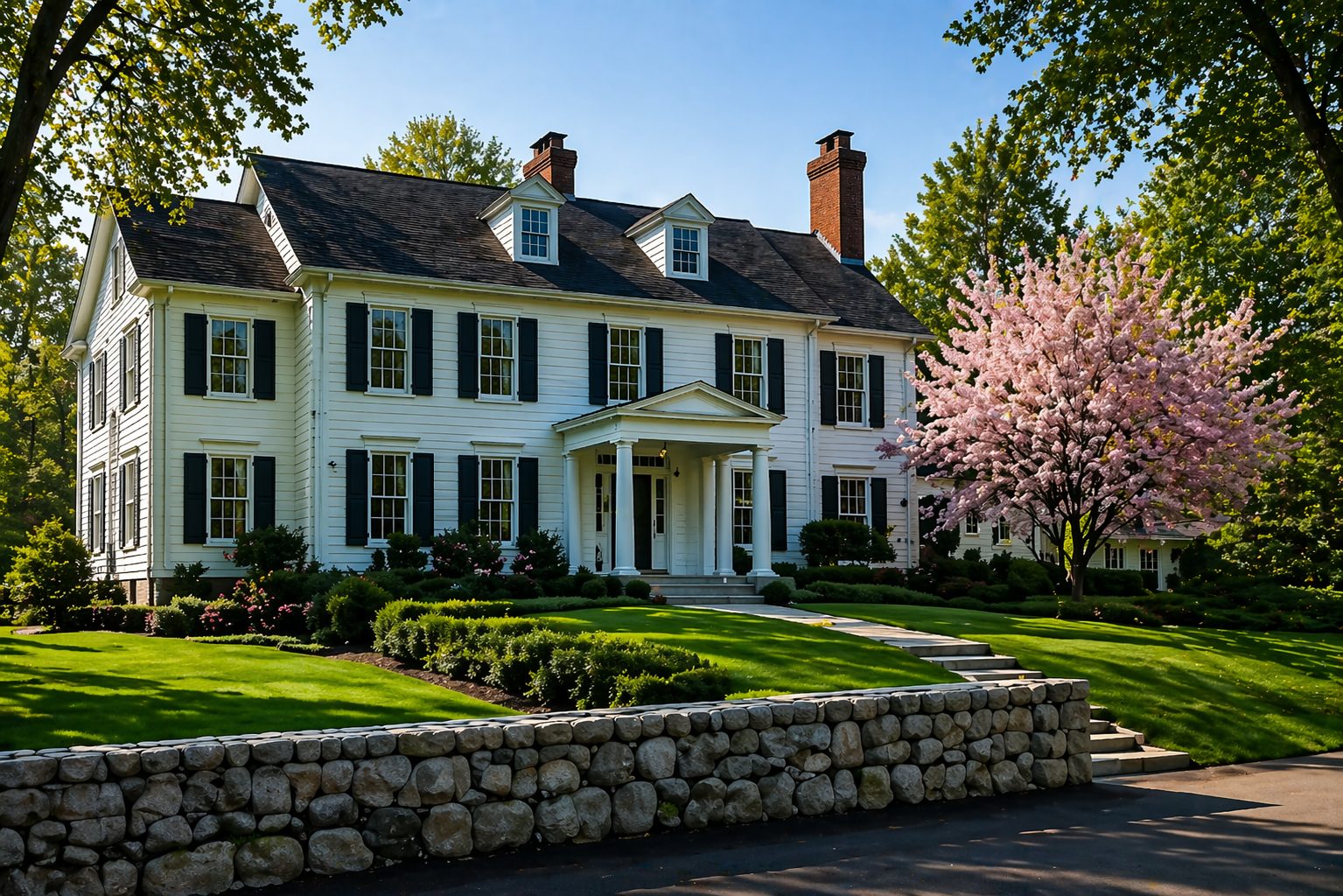 Classic New England colonial home with black shutters and stone wall, representing the Cliff Estates neighborhood style in Wellesley MA