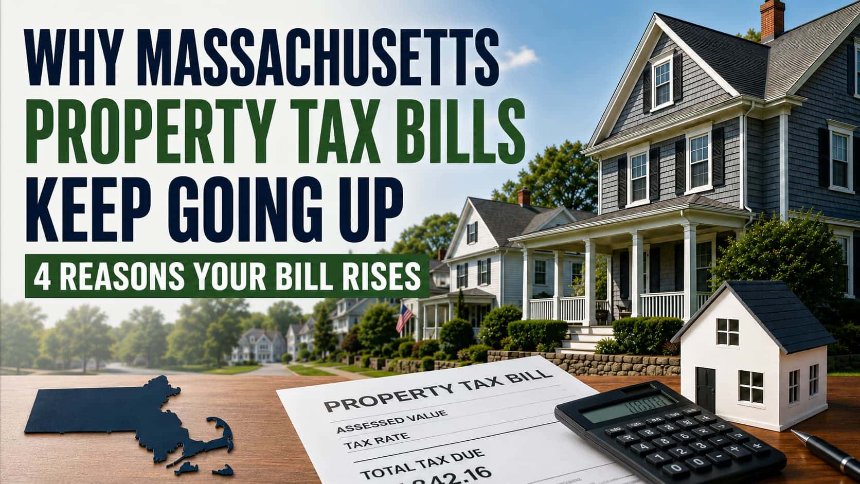 Massachusetts property tax bill headline with calculator illustrating why property tax bills keep rising