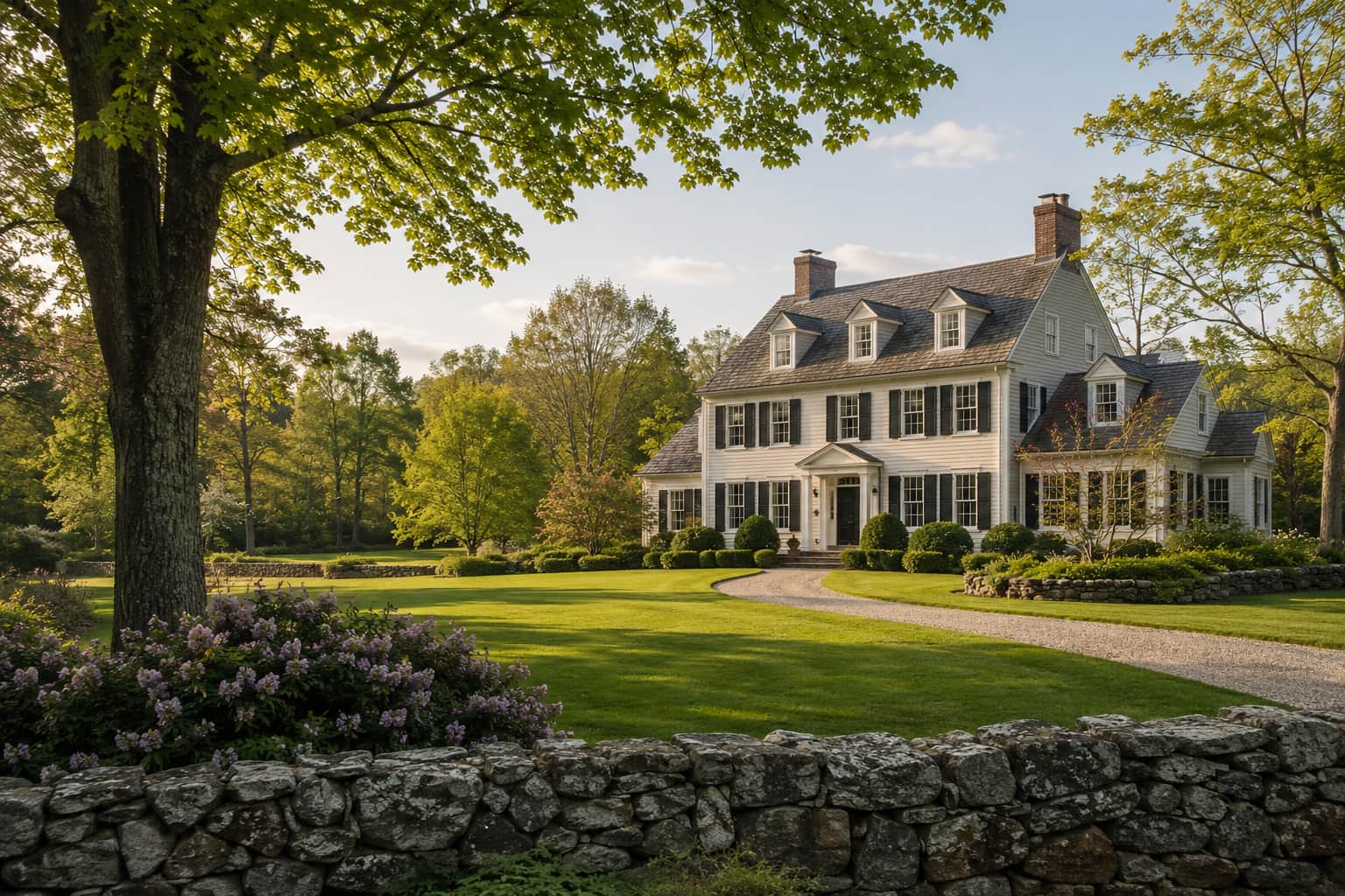 Colonial estate with a stone wall and expansive front lawn in Dover-Sherborn, MA