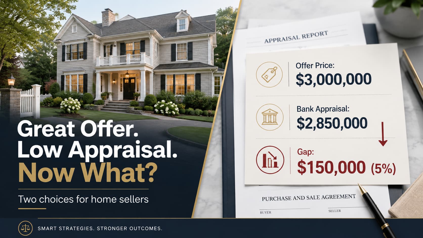 Low home appraisal example showing a $3 million offer, $2.85 million bank appraisal, and $150,000 appraisal gap for home sellers.