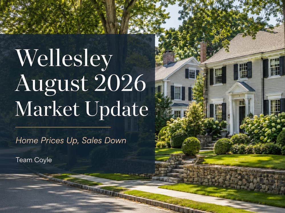Wellesley August 2026 real estate market update showing an upscale Wellesley neighborhood with the headline Home Prices Up, Sales Down